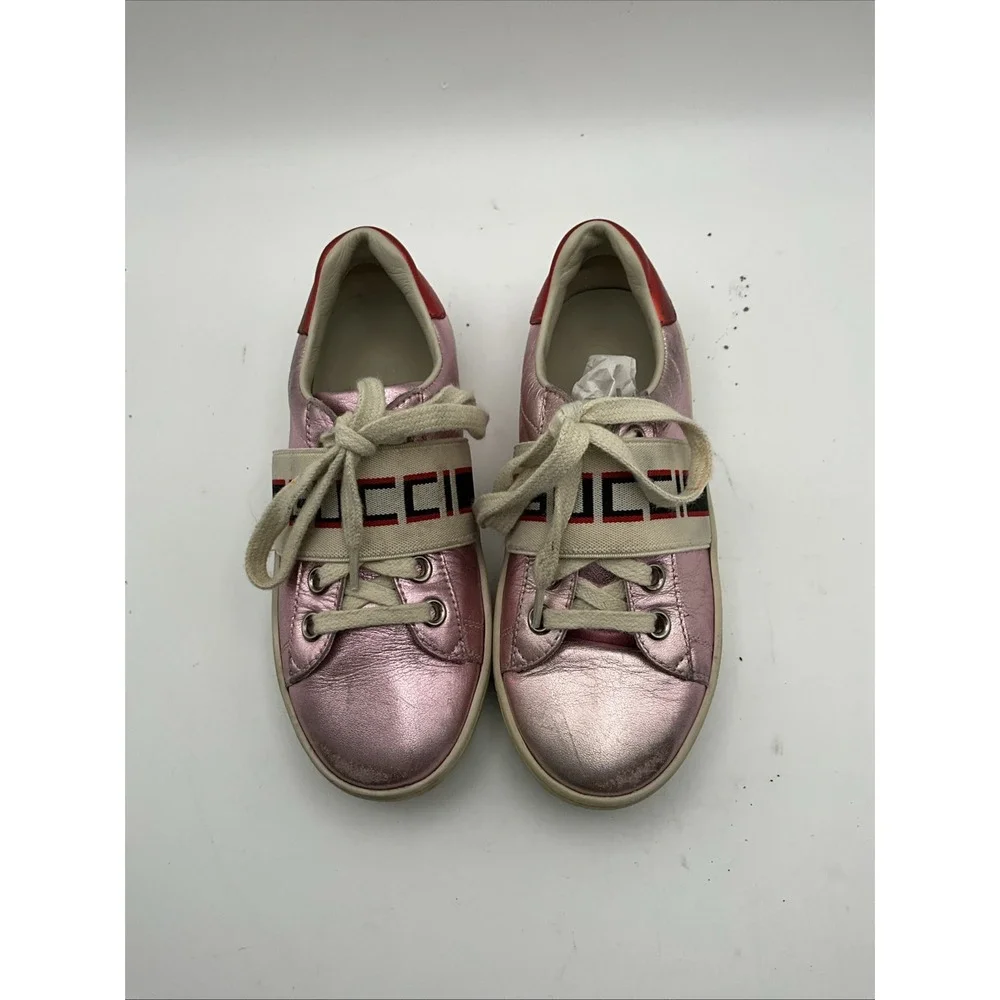 Gucci Ace Kids Pink Metallic Leather Sneakers Web Stripe EU 28 Italy